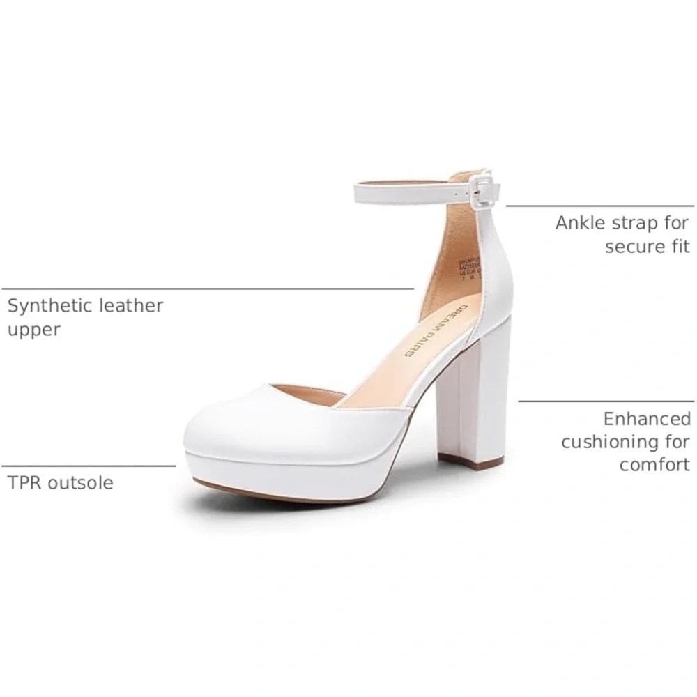 DREAM PAIRS White Platform Block Heel Ankle Strap Pumps 7.5